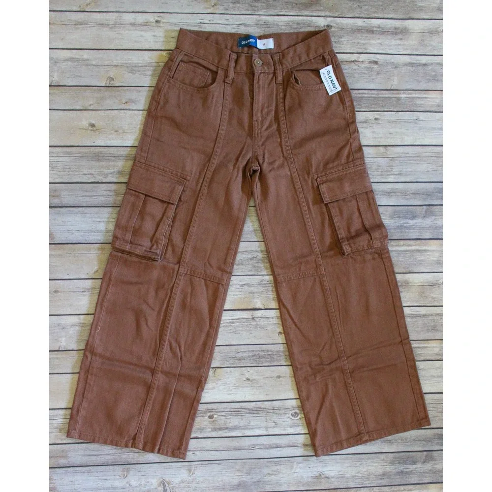 Old Navy Cargo Pants Girls Size 12 Brown Denim Wide Leg High Waisted Utility